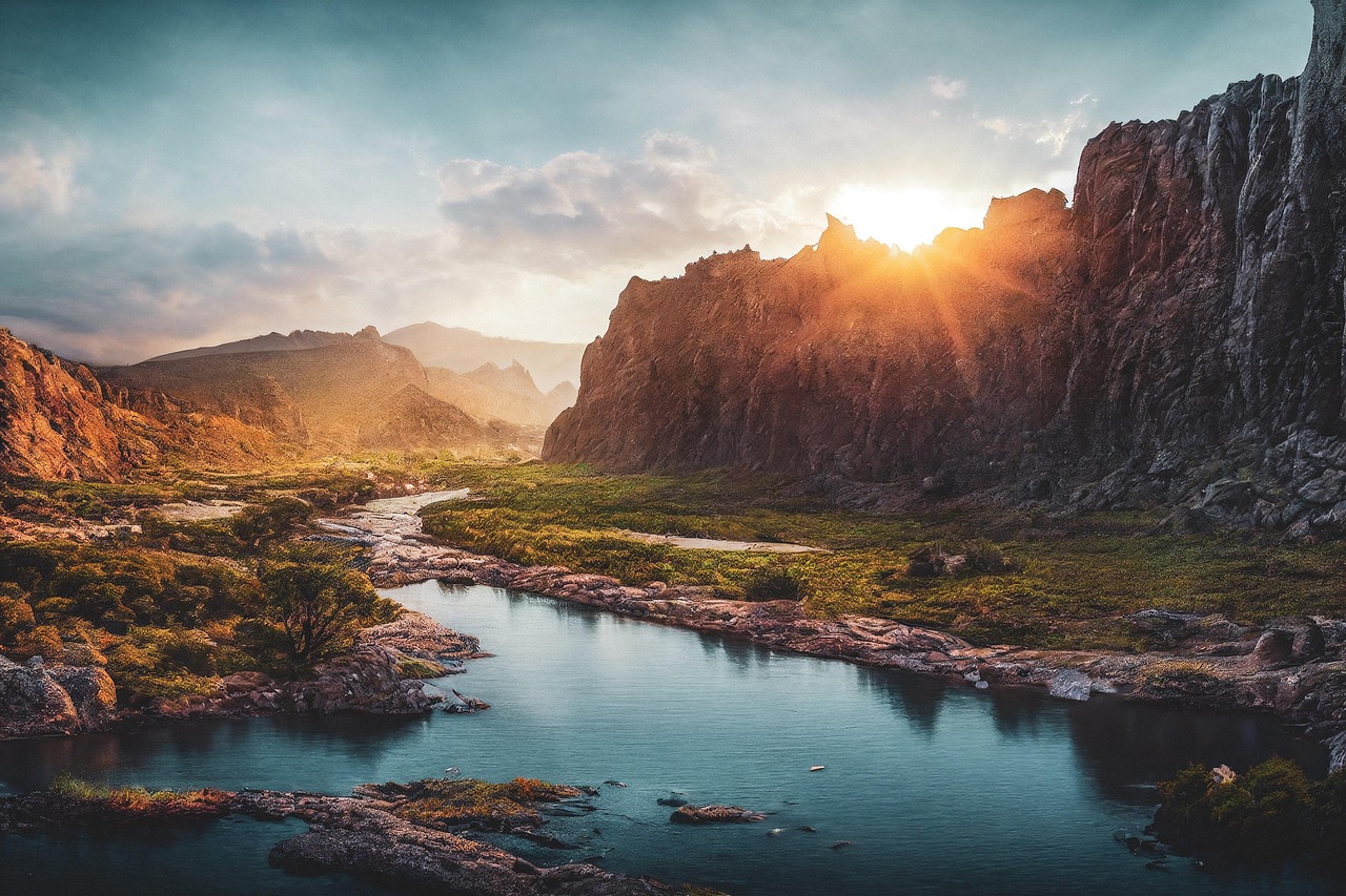 ai generated, landscape, nature, sunset, water, river, lake, mountains