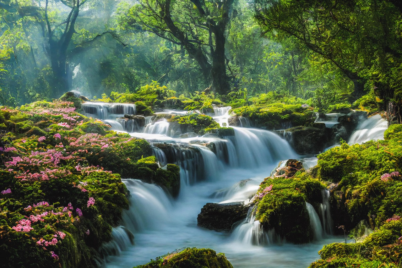 waterfall, flowers, flower wallpaper, forest, nature, beautiful flowers, ai generated, flower background, fantasy, painting, trees