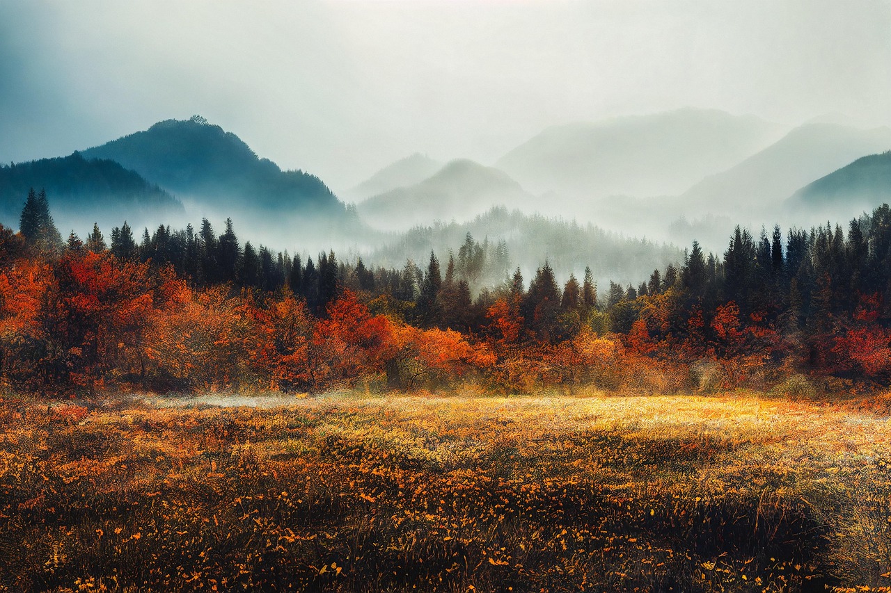 ai generated, mountains, nature, landscape, autumn, pasture, forest, vista, foggy, outdoors, woods