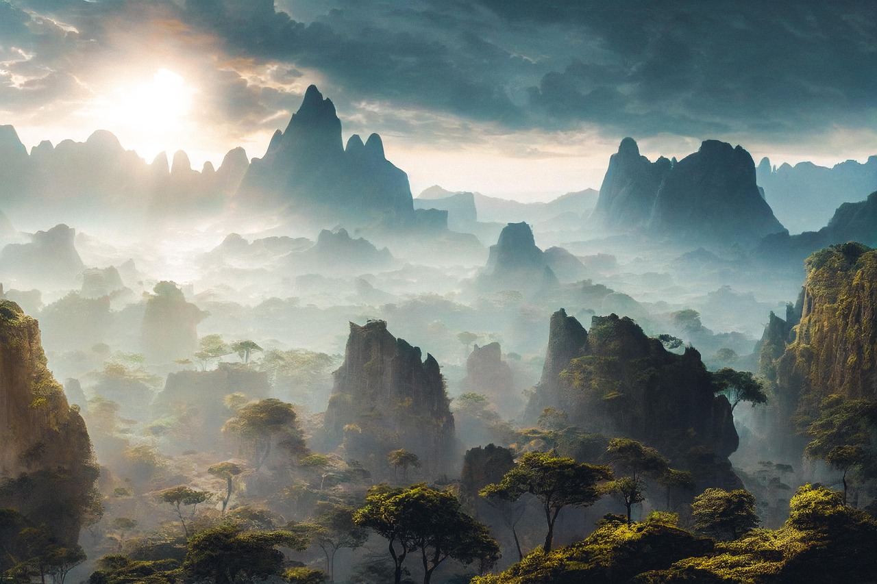 trees, mountains, sunset, rocks, nature, sun, fog, vista, fantasy, ai generated