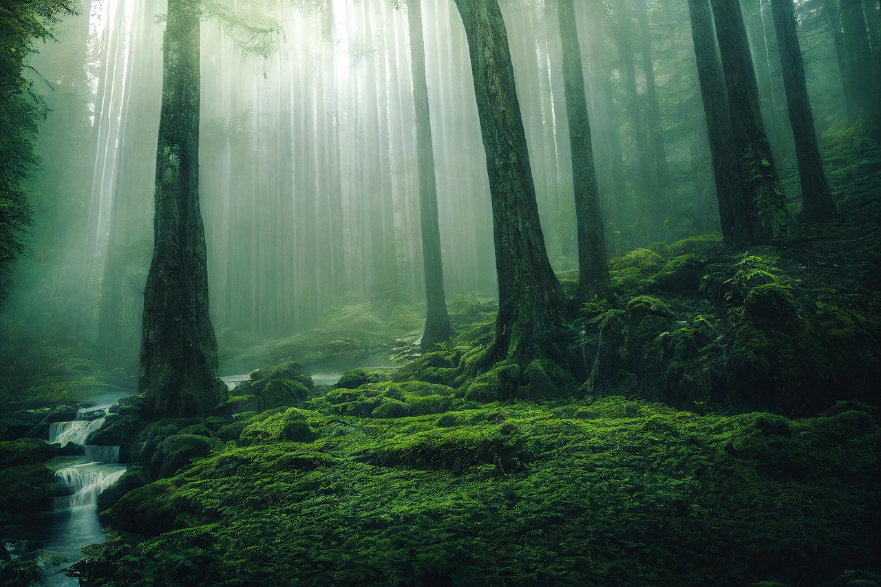 ai generated, forest, trees, mysterious, sunlight, nature, river, green, fantasy