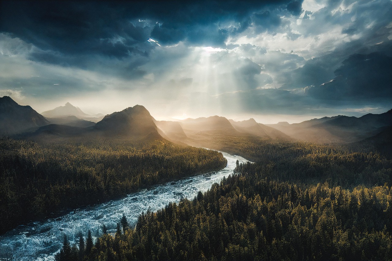 landscape, vista, sun rays, clouds, dramatic, river, trees, nature, ai generated