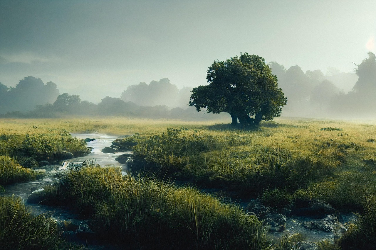 trees, river, nature, pasture, grass, sunset, evening, foggy, ai generated