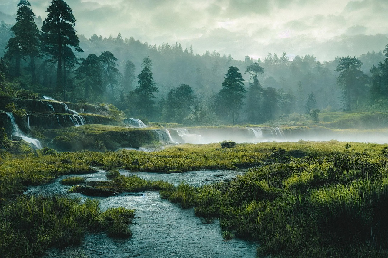 trees, river, water, waterfall, evening, foggy, nature, ai generated
