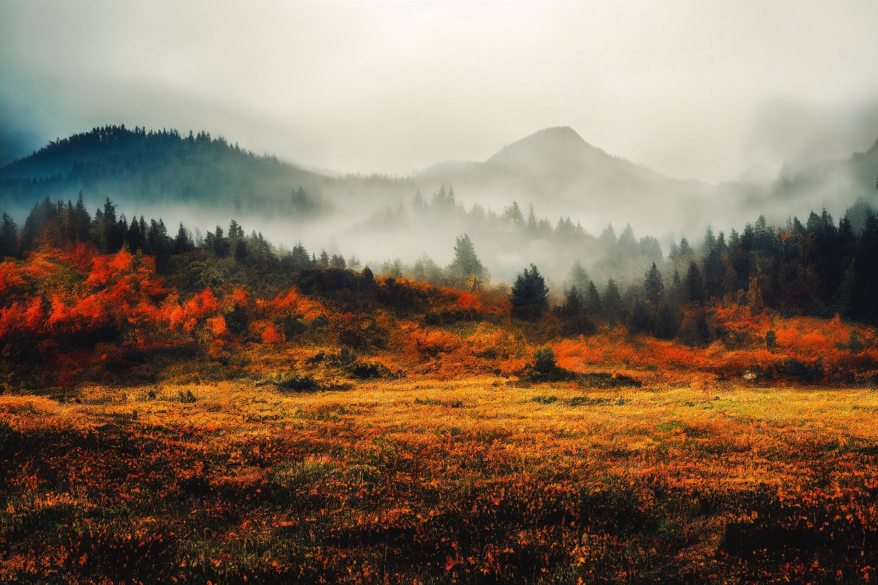 ai generated, fantasy, autumn, mountains, foggy, vista, landscape, nature, outdoors, woods