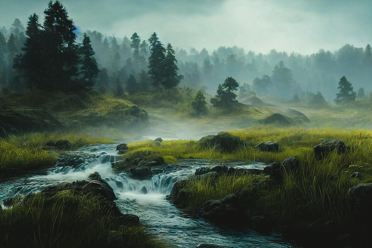 trees, river, waterfall, grass, green, evening, nature, sunset, foggy, ai generated